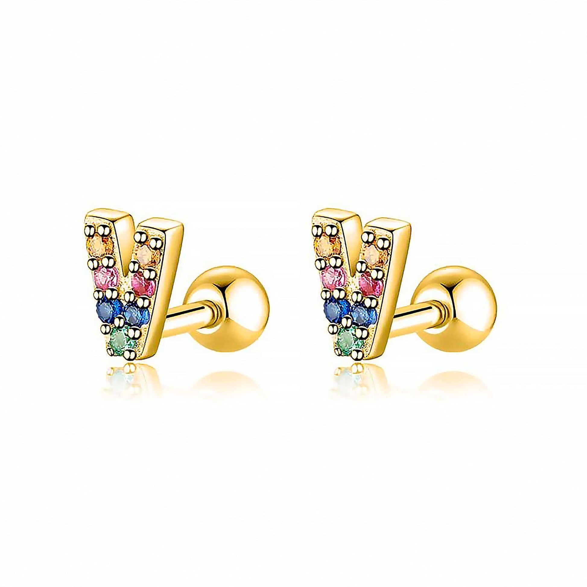 Goldene Ohrringe mit bunten Buchstaben, Schmuck, modisch, Damenaccessoire, Geschenkidee.