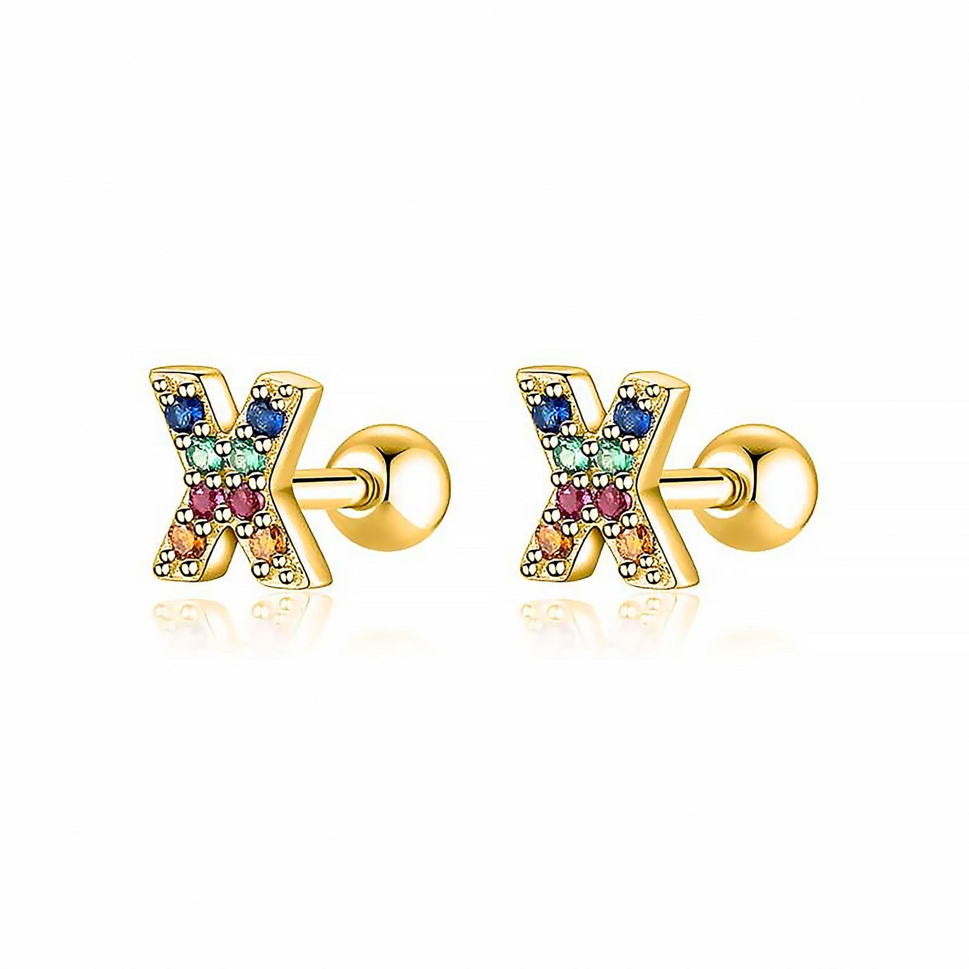 Goldene Ohrringe mit bunten Buchstaben, Schmuck, modisch, Damenaccessoire, Geschenkidee.