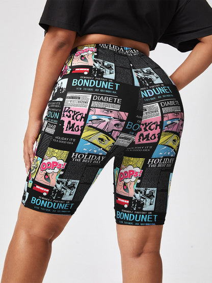 Farbige Comic-Print-Radlerhose für Damen, elastisch, bequem, modisch, Streetwear.