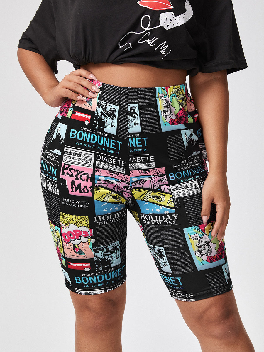 Farbige Comic-Print-Radlerhose für Damen, hoher Bund, elastisch, Freizeitmode.