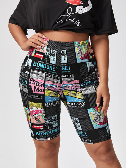 Farbige Comic-Print-Radlerhose für Damen, hoher Bund, elastisch, Freizeitmode.