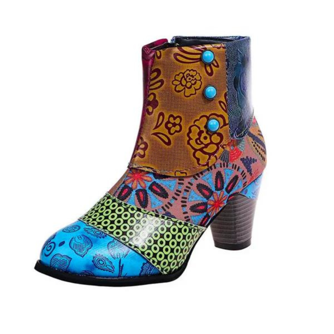 Bunte Damenstiefelette mit Blumenmuster, Blockabsatz, Leder, modisch, einzigartiges Design.