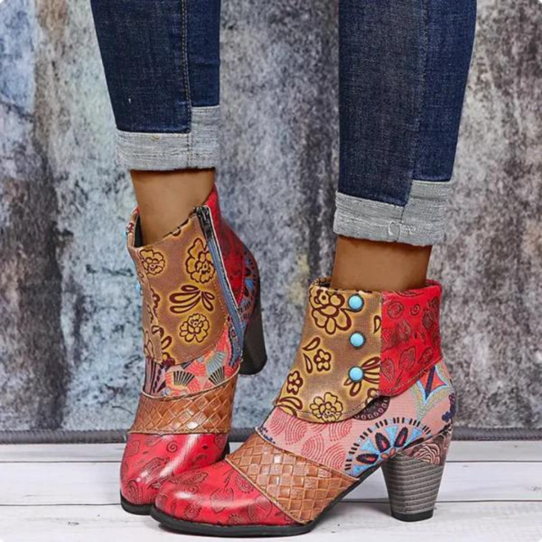 Bunte Damenstiefeletten mit Blumenmuster, Leder, Reißverschluss, Absatz, modisch, bequem.