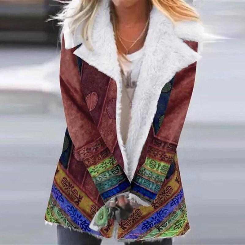 Damenmantel mit Kunstpelzkragen, buntes Ethno-Muster, Winterjacke, warm, modisch.