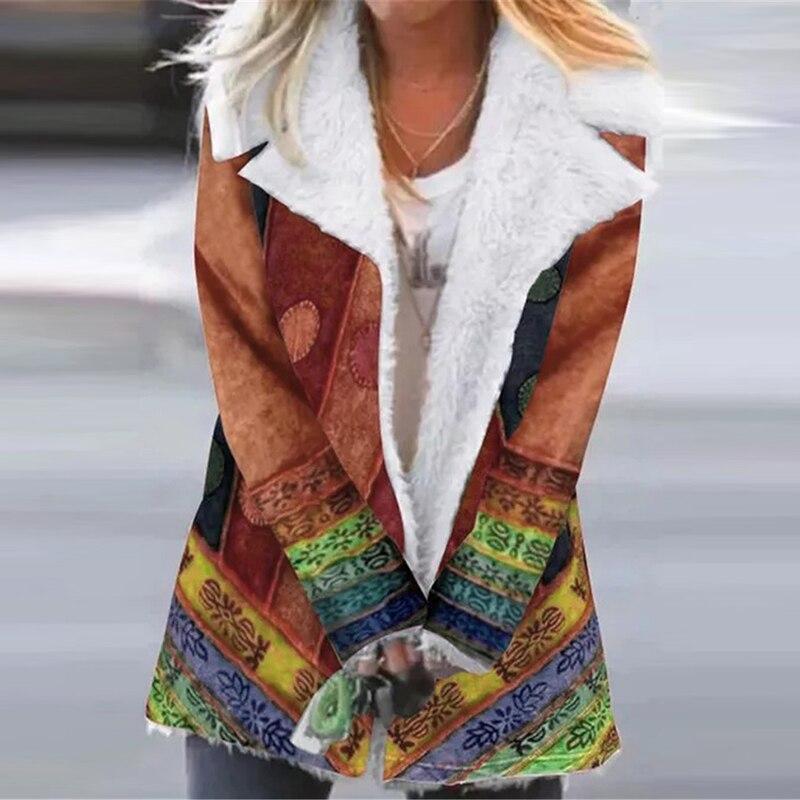 Farbige Damenjacke mit Ethno-Muster, Kunstpelzkragen, Wintermode, Boho-Stil, warm.