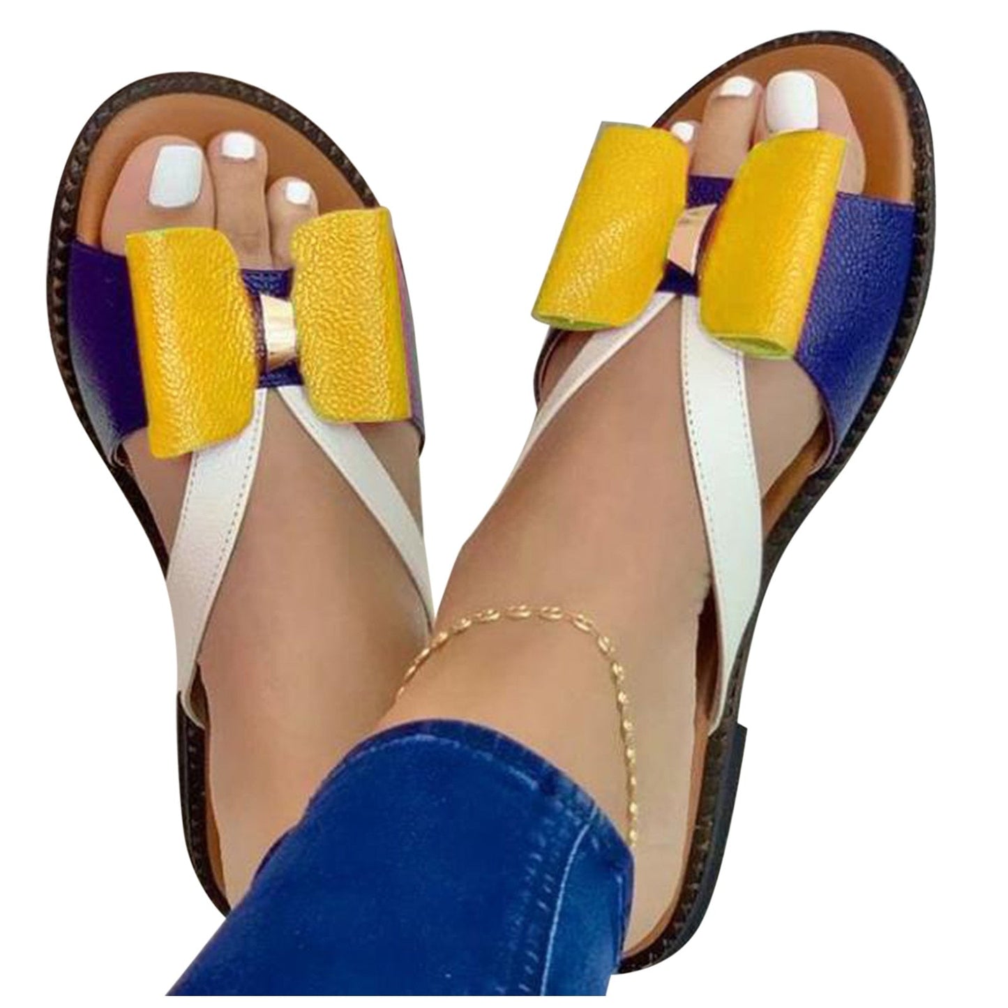 Damen Sandalen mit gelber Schleife, blau-weiße Riemen, modisch, bequem, Sommermode.