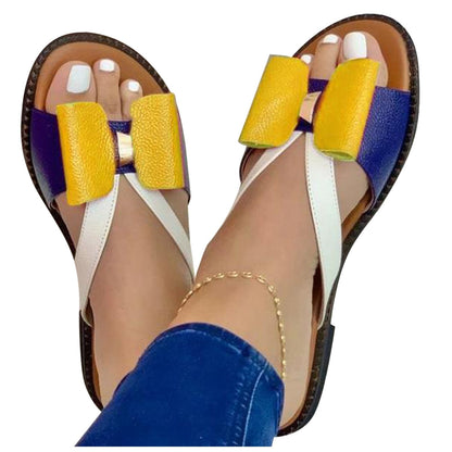 Damen Sandalen mit gelber Schleife, blau-weiße Riemen, modisch, bequem, Sommermode.