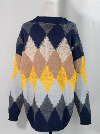 Damenpullover mit Rautenmuster, blau-gelb-grau, Strick, warm, modisch, Herbstmode.