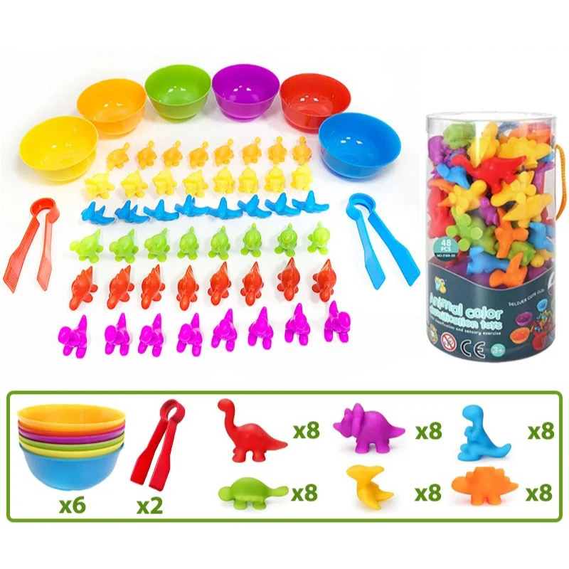 Bunte Dinosaurier-Zählspielzeug mit Schalen und Zangen, Lernspielzeug für Kinder.