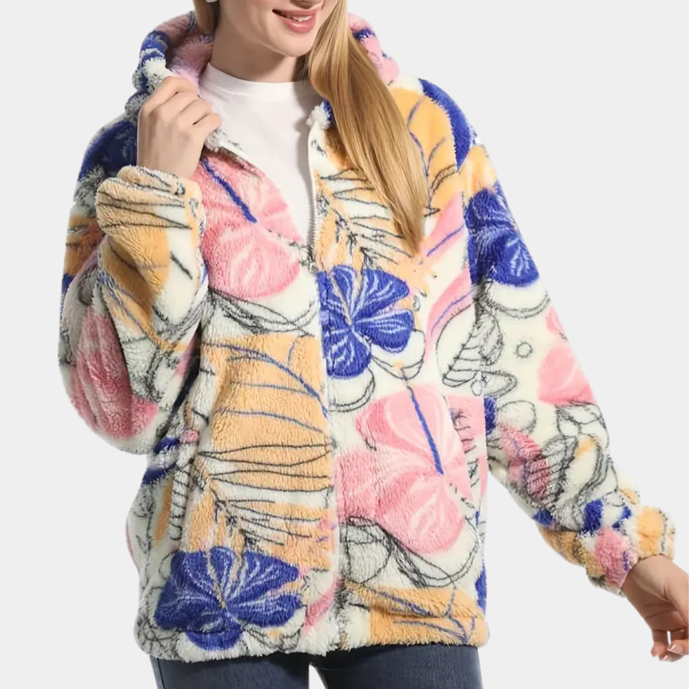 Flauschige Damenjacke mit Blumenmuster, mehrfarbig, Kapuze, Herbstmode, gemütlich, warm.
