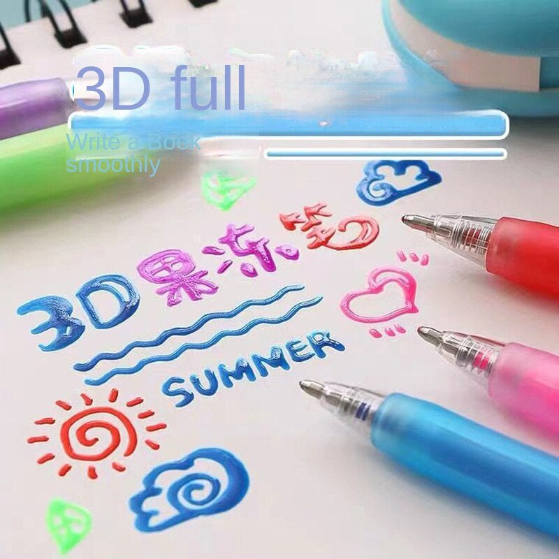 Bunte 3D-Gelschreiber auf Papier, kreative Zeichnungen, Sommer, Schreibwaren, Bürobedarf.