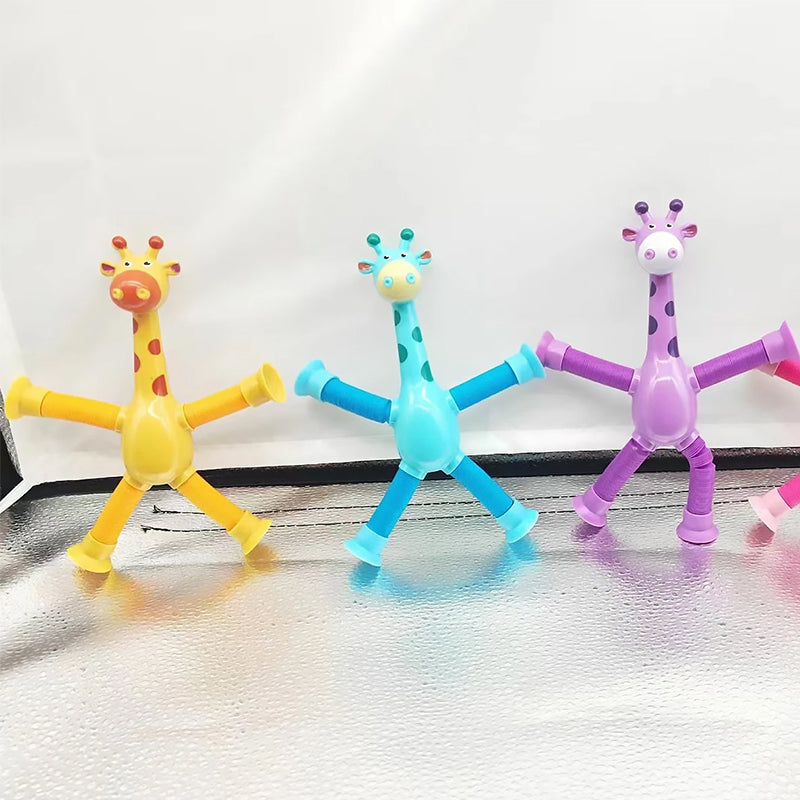 Bunte Giraffen-Spielzeug aus Kunststoff mit Saugnäpfen, gelb, blau, lila, für Kinder.