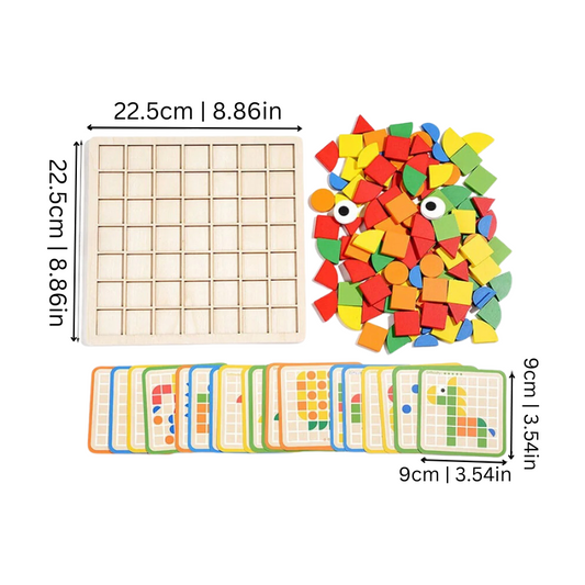 Holzpuzzle-Set mit bunten Formen, 22,5 cm Quadrat, Lernspielzeug für Kinder, inkl. Vorlagenkarten.