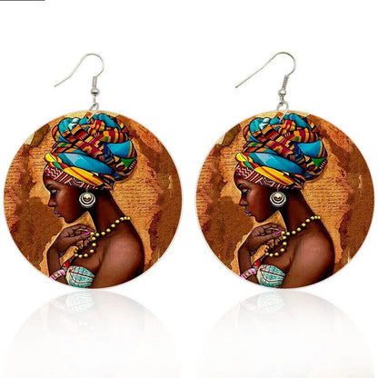 Bunte afrikanische Ohrringe mit Frauenmotiv, Holz, rund, handgefertigt, modisch, Boho-Stil.