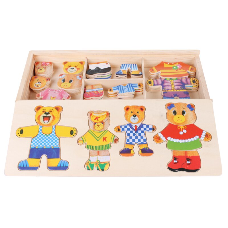 Holzpuzzle-Set mit Bärenfiguren, austauschbare Kleidung, Lernspielzeug für Kinder.