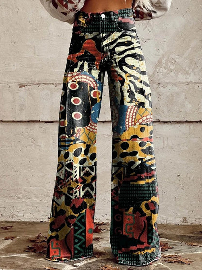 Bunte Damen-Jeans mit abstraktem Muster, weites Bein, modisch, Streetwear, Baumwolle.