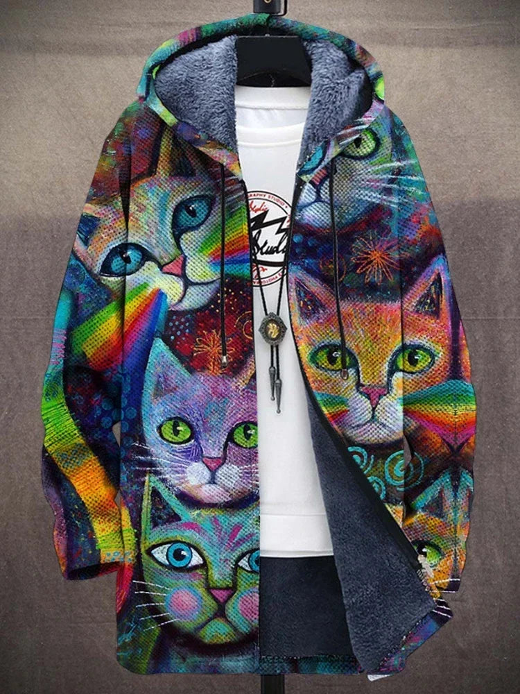 Bunte Katzenmuster Kapuzenjacke, flauschig, warm, Unisex, modisch, Streetwear, Herbstmode.