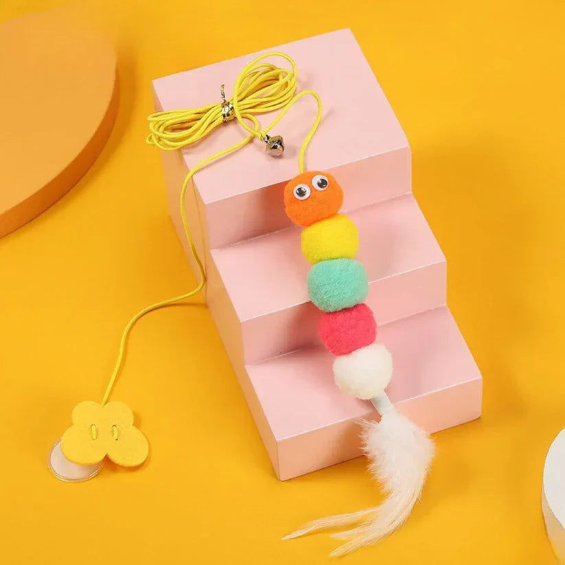Buntes Katzenspielzeug mit Plüschbällen und Feder, interaktives Spielzeug für Katzen.