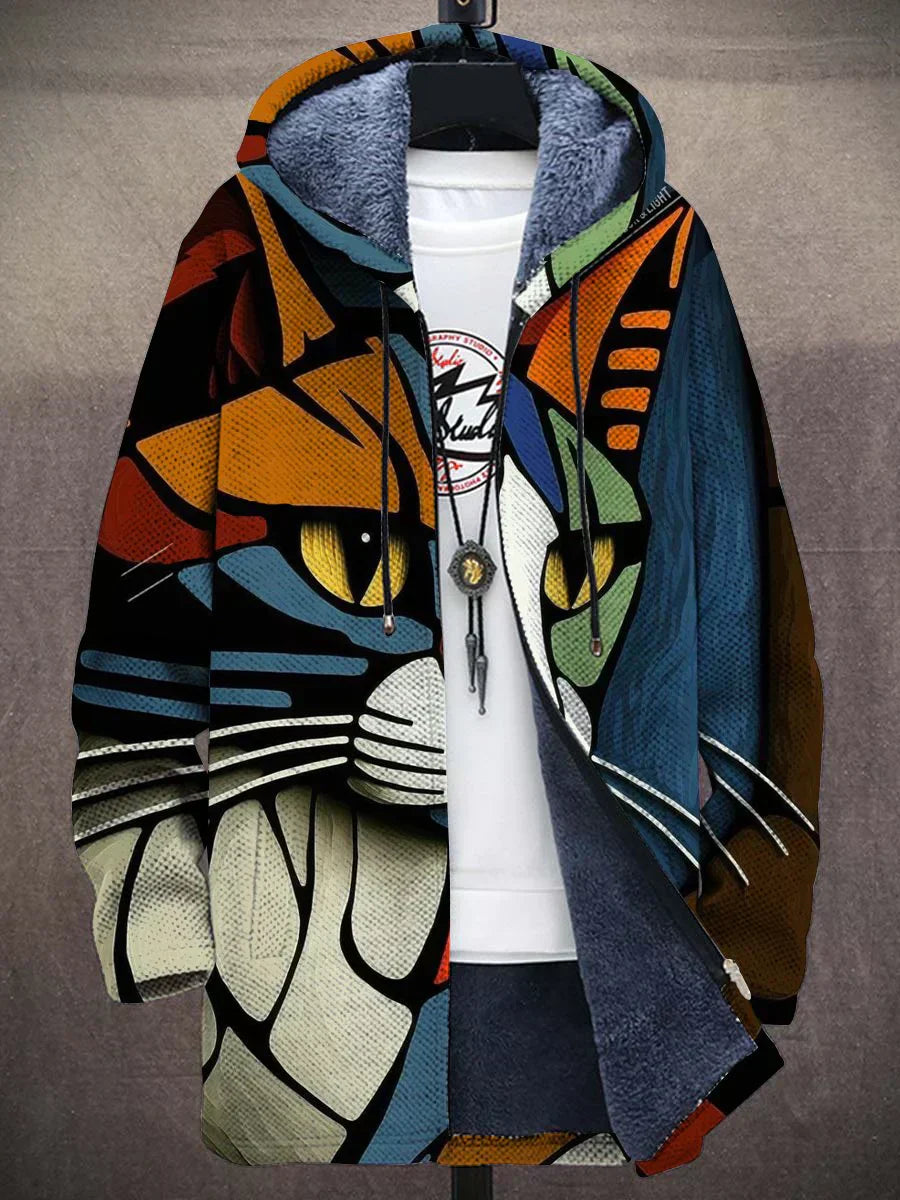 Bunter Katzen-Print-Hoodie mit Reißverschluss, Kapuze und Fleece-Futter für Herren.