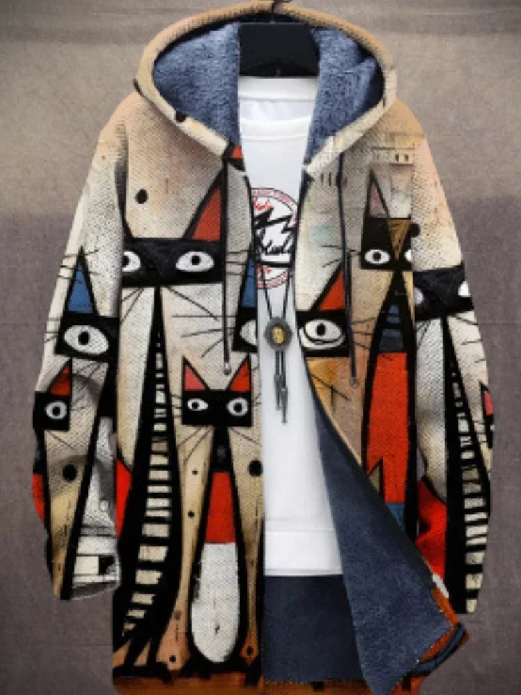 Bunter Katzen-Print-Mantel mit Kapuze, Kunstdesign, warmes Fleece, Unisex, modisch.