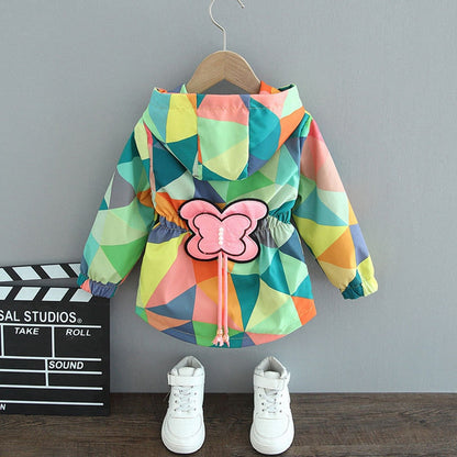 Bunte Kinderjacke mit Schmetterlingsmotiv, geometrisches Muster, Kapuze, Frühling Herbst Mode.