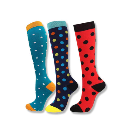 Bunte Kniestrümpfe mit Punkten, blau und rot, Baumwolle, modische Socken für Damen und Herren.