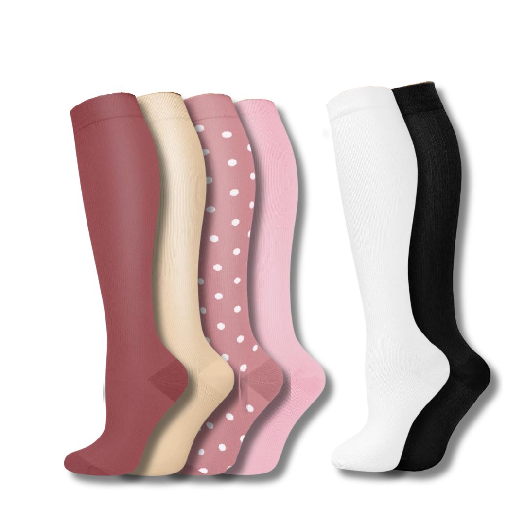 Bunte Kompressionsstrümpfe Set, gepunktet und einfarbig, für Damen, Knielang, bequem.