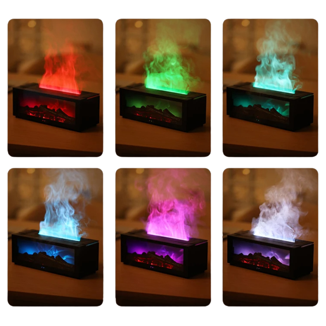 LED-Luftbefeuchter mit farbwechselndem Flammeneffekt, schwarz, für Aromatherapie.