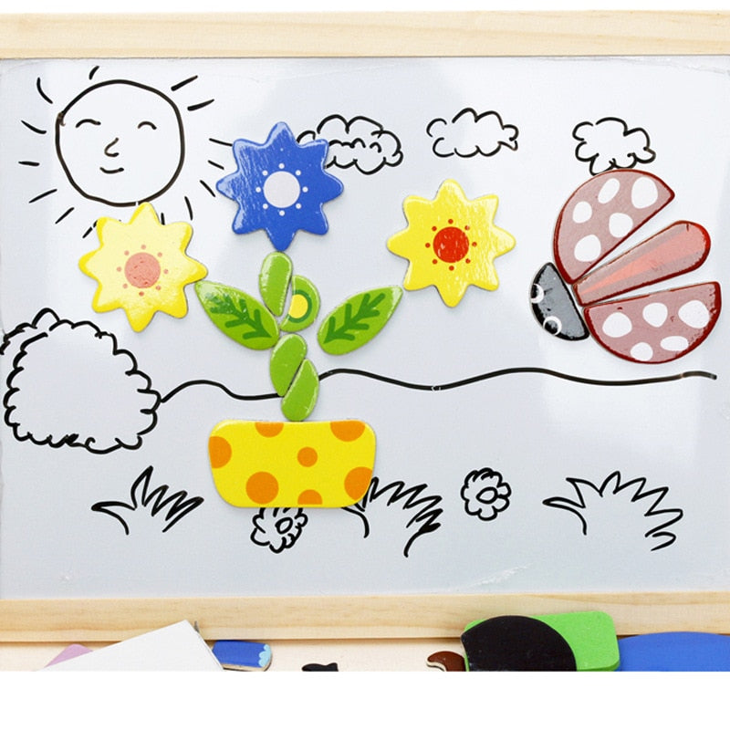 Bunte magnetische Holzpuzzle auf Tafel, Blumen und Marienkäfer, Lernspielzeug für Kinder.