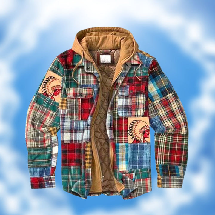 Bunte Patchwork-Jacke mit Kapuze, kariertem Muster und Indianer-Motiv, Herrenmode.