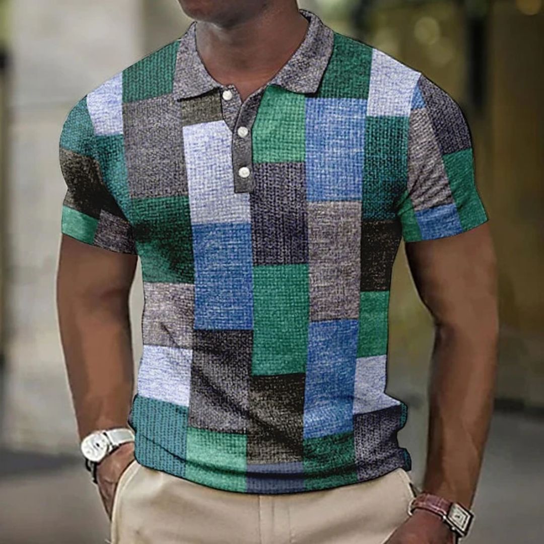 Männer-Polohemd, Patchwork-Design, grün-blau, kurzärmelig, Freizeitmode, Baumwolle.