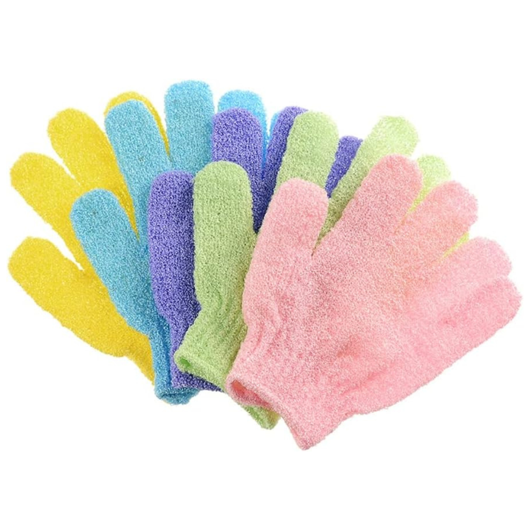 Bunte Peeling-Handschuhe aus Baumwolle, Set aus fünf Farben, für sanfte Hautpflege.