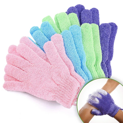 Bunte Peeling-Handschuhe aus Frottee für Körperpflege, Set aus vier Paaren in Pastellfarben.