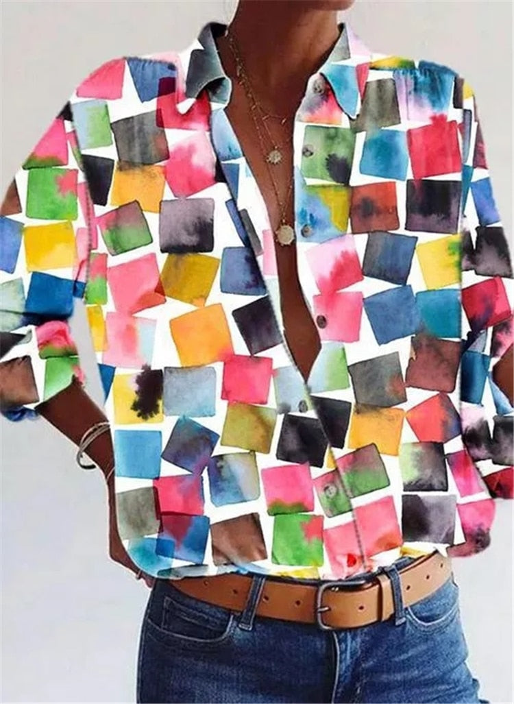 Bunte Damenbluse mit abstraktem Karomuster, langärmelig, lässig, Baumwolle.