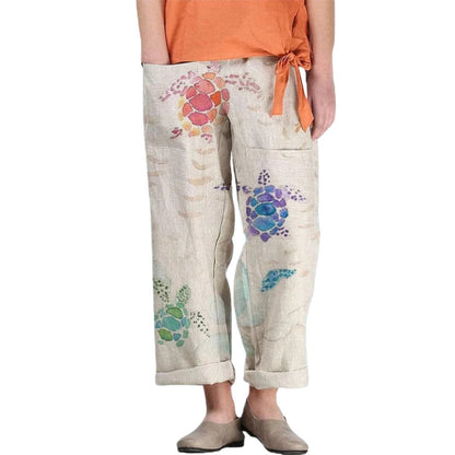Damen Leinenhose mit buntem Schildkrötenmuster, beige, lässig, bequem, Sommermode.