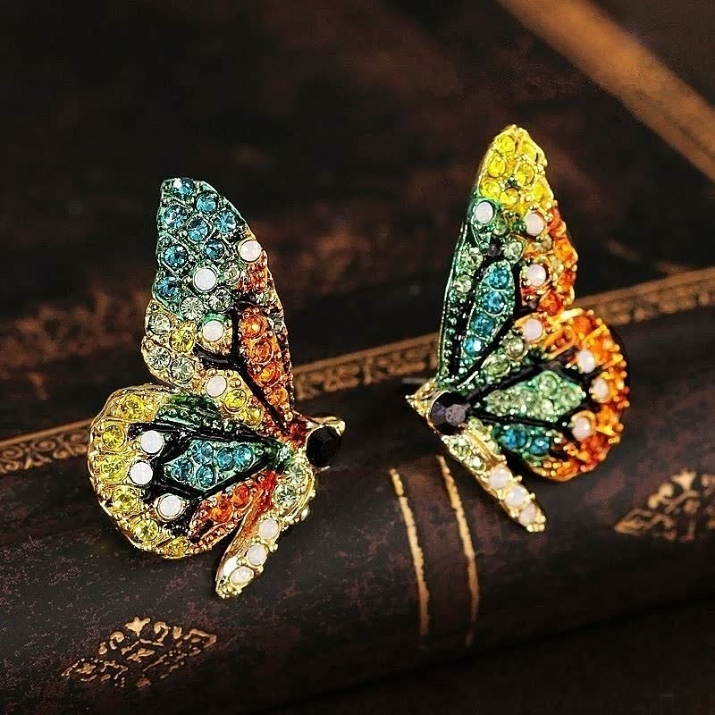 Bunte Schmetterling-Ohrringe mit Kristallen, handgefertigt, modisch, Damen-Schmuck.