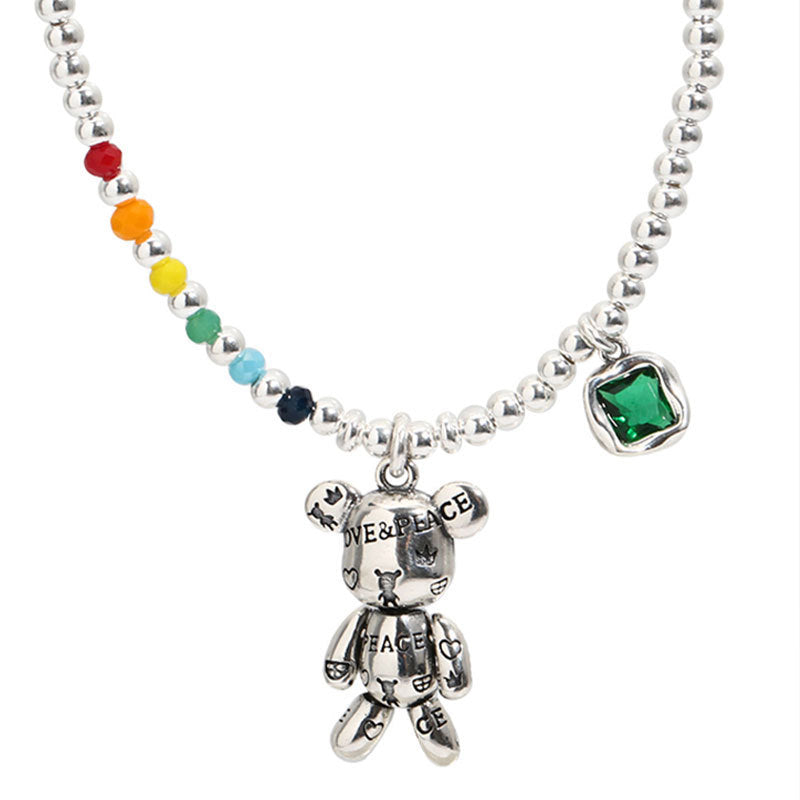 925 Sterling Silber Choker Halskette mit Bär-Anhänger und grünem Zirkon für Damen.