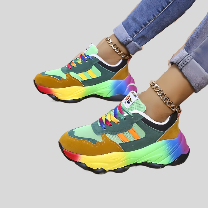 Bunte Damen-Sneaker, Regenbogenfarben, sportlich, modisch, bequeme Freizeitschuhe.