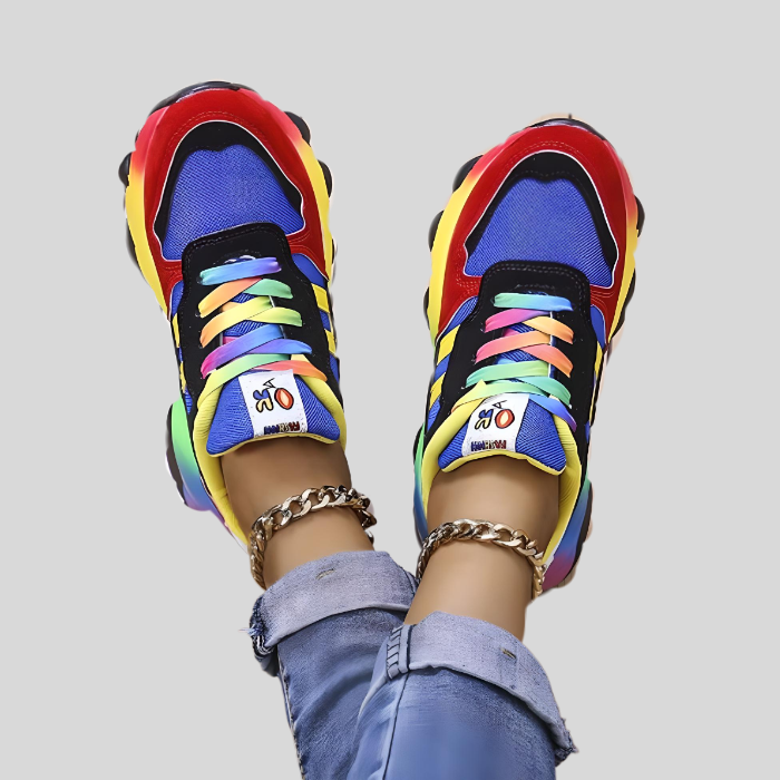 Bunte Sneaker, Damen, mehrfarbig, modisch, lässig, Turnschuhe, Ketten, Jeans, Streetwear.
