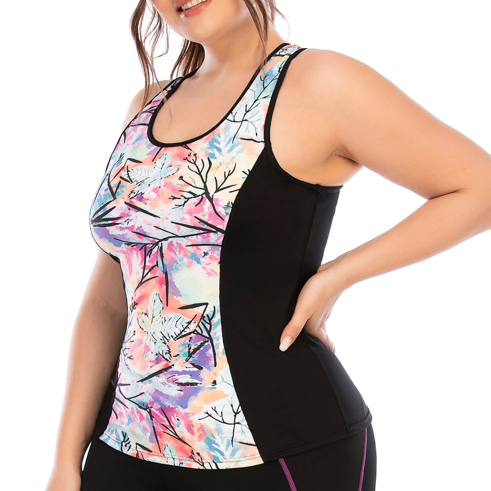 Farbintensives Damen-Sporttop mit abstraktem Muster, ärmellos, ideal für Fitness und Yoga.