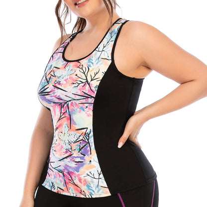 Farbintensives Damen-Sporttop mit abstraktem Muster, ärmellos, ideal für Fitness und Yoga.
