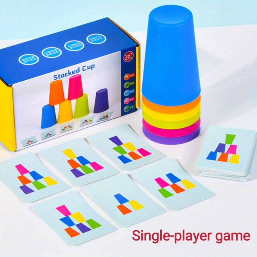 Bunte Stapelbecher Spiel, Einzelspieler, Lernspielzeug, Kunststoff, Karten, Kinder ab 3 Jahren.