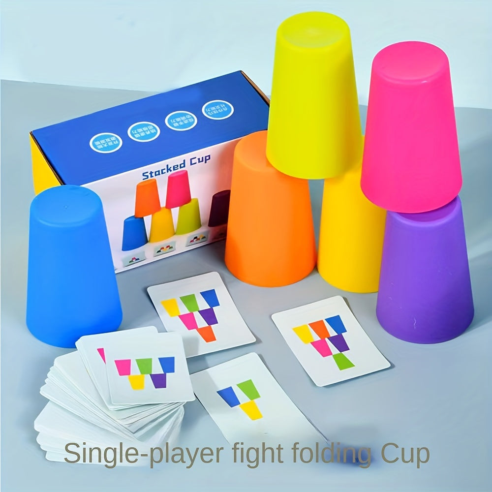 Bunte Stapelbecher Spielset mit Karten, Kunststoff, für Kinder, Lernspielzeug, Geschicklichkeit.