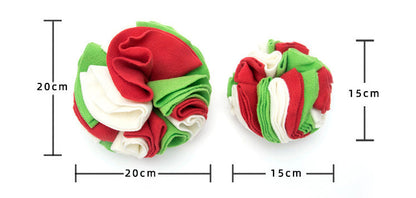 Zwei bunte Schnüffelbälle aus Stoff, rot-grün-weiß, 20cm und 15cm, für Hunde.