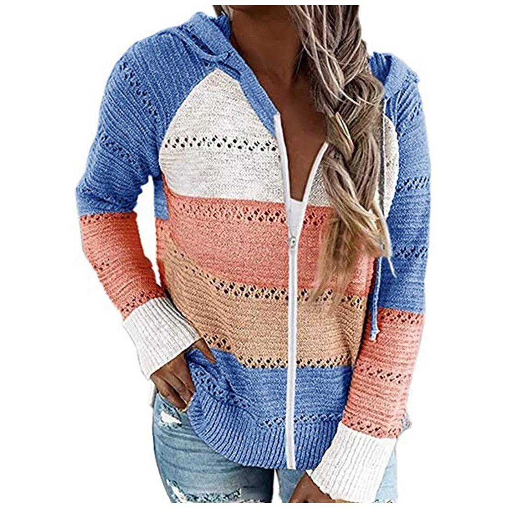 Damen Strickjacke mit Kapuze, gestreift, blau-orange, Reißverschluss, lässig, modisch