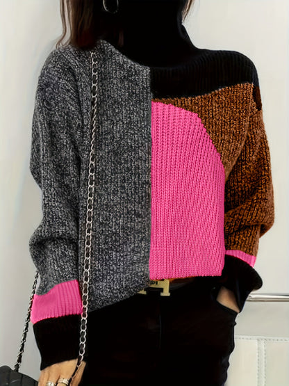 Farbblock-Pullover Damen, grau-pink-braun, Strick, modisch, Herbstmode, Kettendetail.