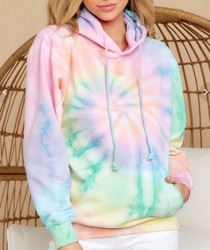 Bunte Batik-Hoodie für Damen, Pastellfarben, Kapuzenpullover, Freizeitmode, Baumwolle.