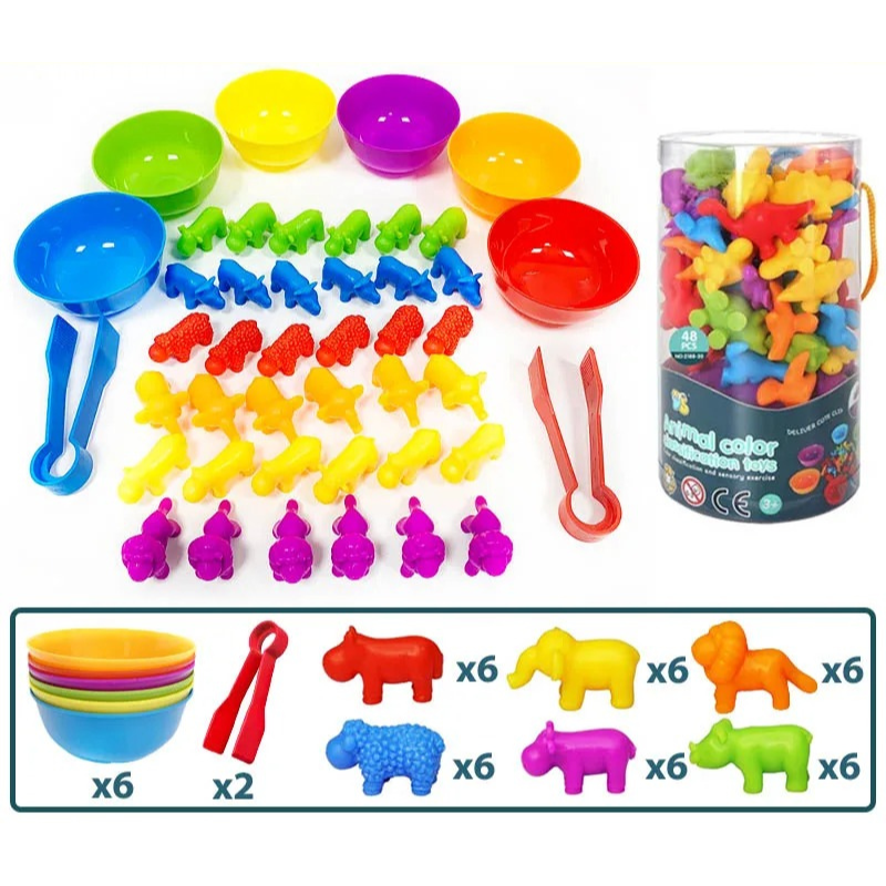 Bunte Tierfiguren und Schalen Set aus Kunststoff, Lernspielzeug für Kinder, 48-teilig.