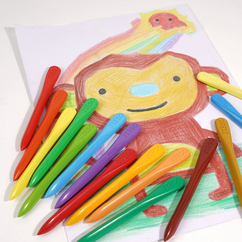 Bunte Wachsmalstifte auf Affenzeichnung, Kinderkunst, kreative Malutensilien, leuchtende Farben.