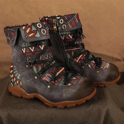 Bunte Damenstiefel mit Ethno-Muster, Leder, Schnürung, Reißverschluss, Herbstmode.